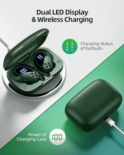PocBuds Bluetooth Headphones Wireless Earbuds 80hrs Playtime Wireless Charging Case Digital Display Sports Ear Buds with Earhook Deep Bass IPX7 Waterproof Over-Ear Earphones for TV Phone Laptop Olive - 3