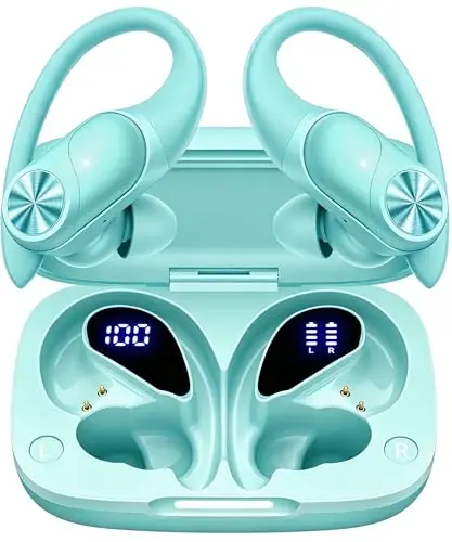 PocBuds Bluetooth Headphones Wireless Earbuds 80hrs Playtime Wireless Charging Case Digital Display Sport Ear buds with Earhook Deep Bass IPX7 Waterproof Over-Ear Earphones for Phone Laptop Mint Green 
