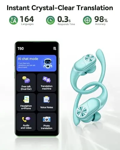 PocBuds Bluetooth Headphones Wireless Earbuds 80hrs Playtime Wireless Charging Case Digital Display Sport Ear buds with Earhook Deep Bass IPX7 Waterproof Over-Ear Earphones for Phone Laptop Mint Green - 4