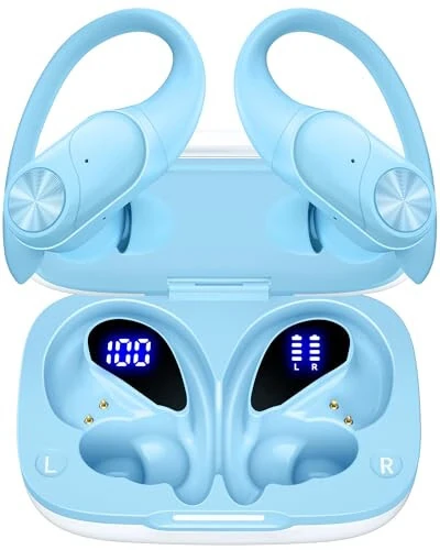 PocBuds Bluetooth Headphones Wireless Earbuds 80hrs Playtime Wireless Charging Case Digital Display Sports Ear Buds with Earhook Deep Bass IPX7 Waterproof Over-Ear Earphones for TV Phone Laptop Blue - PocBuds