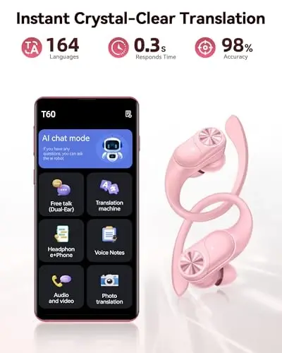 PocBuds Bluetooth Headphones Wireless Earbuds 80hrs Playtime Wireless Charging Case Digital Display Sports Ear Buds with Earhook Deep Bass IPX7 Waterproof Over-Ear Earphones for TV Phone Laptop Pink - 4