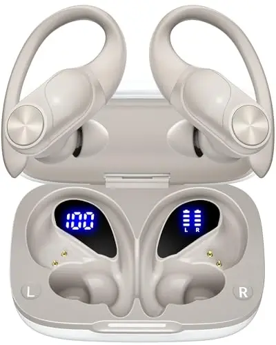 PocBuds Bluetooth Headphones Wireless Earbuds 80hrs Playtime Wireless Charging Case Digital Display Sport Ear Buds with Earhook Deep Bass IPX7 Waterproof Over-Ear Earphones for Phone Laptop Beige - 1