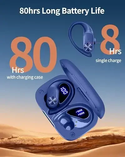 PocBuds Bluetooth наушники беспроводные наушники 80 часов воспроизведения беспроводной зарядки чехол цифровой дисплей спортивные наушники с ушным крючком глубокий бас IPX7 водонепроницаемые накладные наушники для ТВ телефона ноутбука темно-синий - POCBUDS (1)