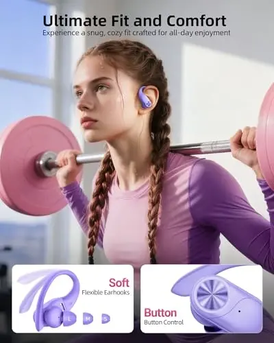 PocBuds Bluetooth Наушники Беспроводные наушники 80 часов воспроизведения Чехол с беспроводной зарядкой Цифровой дисплей Спортивные наушники-вкладыши с ушным крючком Глубокий бас Водонепроницаемость IPX7 Накладные наушники для телевизора телефона ноутбука Фиолетовые - 1
