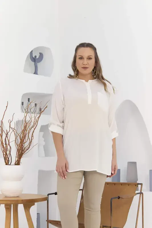 Pocket And Arm Detailed Voile Viscose Slit Plus Size Ecru Tunic - 1