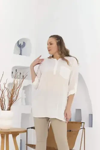 Pocket And Arm Detailed Voile Viscose Slit Plus Size Ecru Tunic - 2