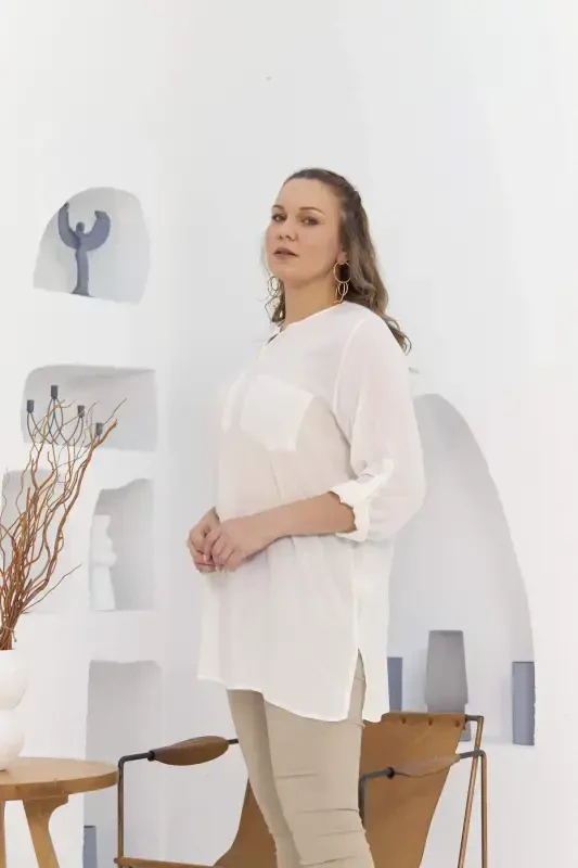 Pocket And Arm Detailed Voile Viscose Slit Plus Size Ecru Tunic - 3