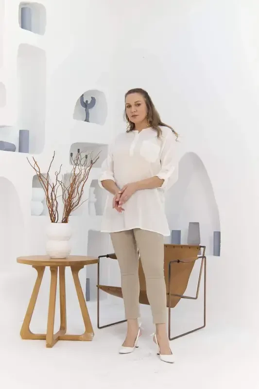 Pocket And Arm Detailed Voile Viscose Slit Plus Size Ecru Tunic - 5