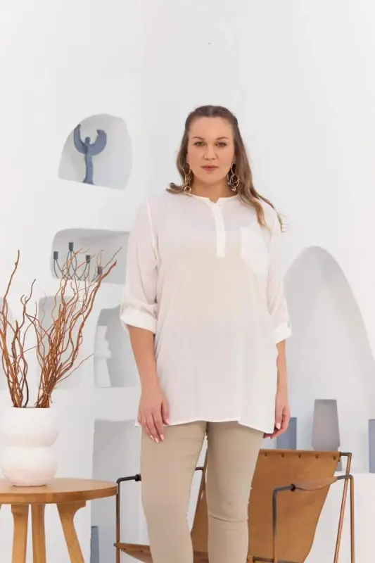 Pocket And Arm Detailed Voile Viscose Slit Plus Size Ecru Tunic - 1