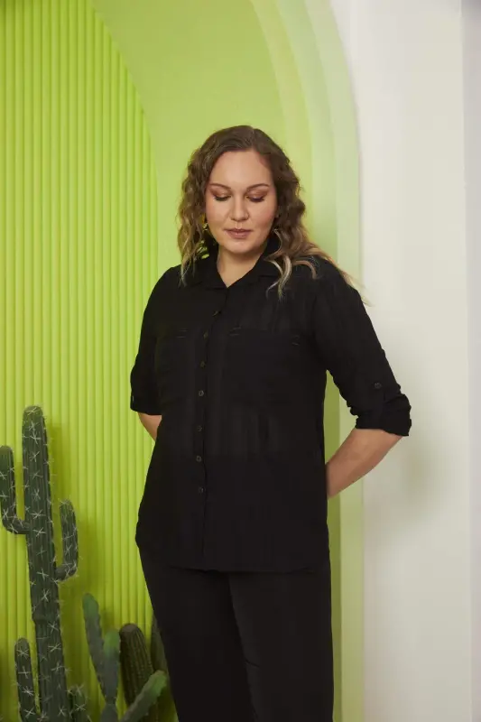 Pocket And Sleeve Detailed Plus Size Black Shirt - 11