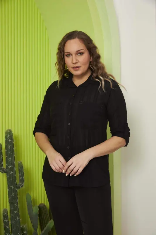 Pocket And Sleeve Detailed Plus Size Black Shirt - 1