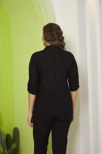 Pocket And Sleeve Detailed Plus Size Black Shirt - 5