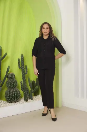 Pocket And Sleeve Detailed Plus Size Black Shirt - 6