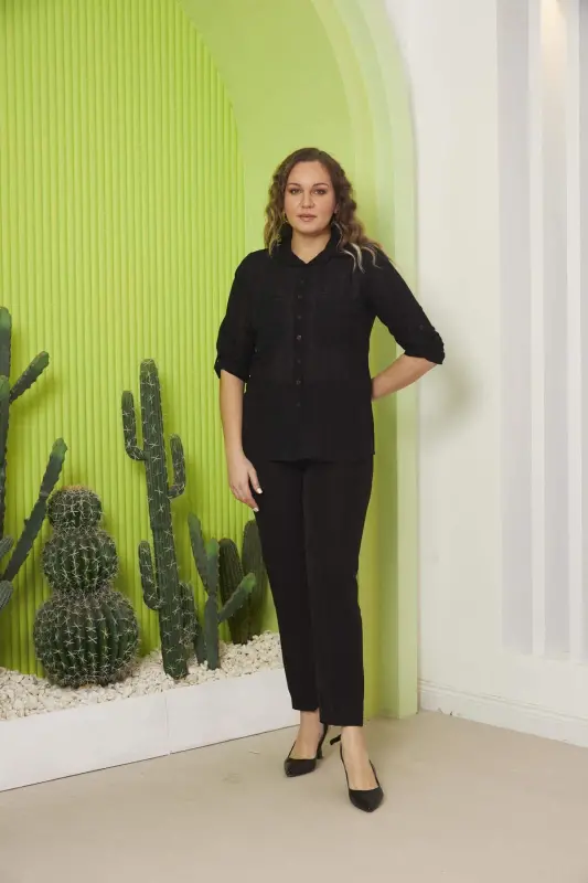 Pocket And Sleeve Detailed Plus Size Black Shirt - 6