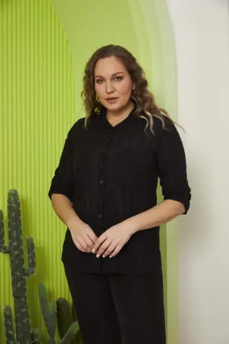 Pocket And Sleeve Detailed Plus Size Black Shirt - 1