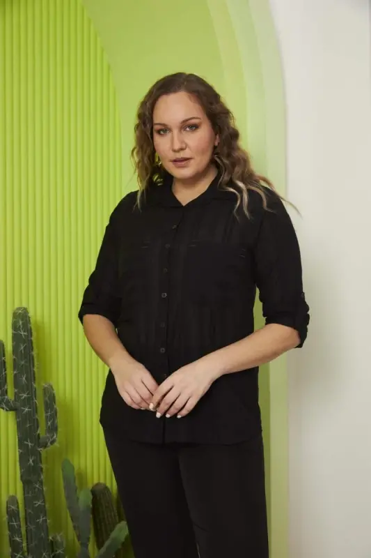 Pocket And Sleeve Detailed Plus Size Black Shirt - BÜYÜKBEDENIZ