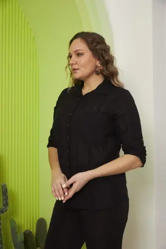 Pocket And Sleeve Detailed Plus Size Black Shirt - 3