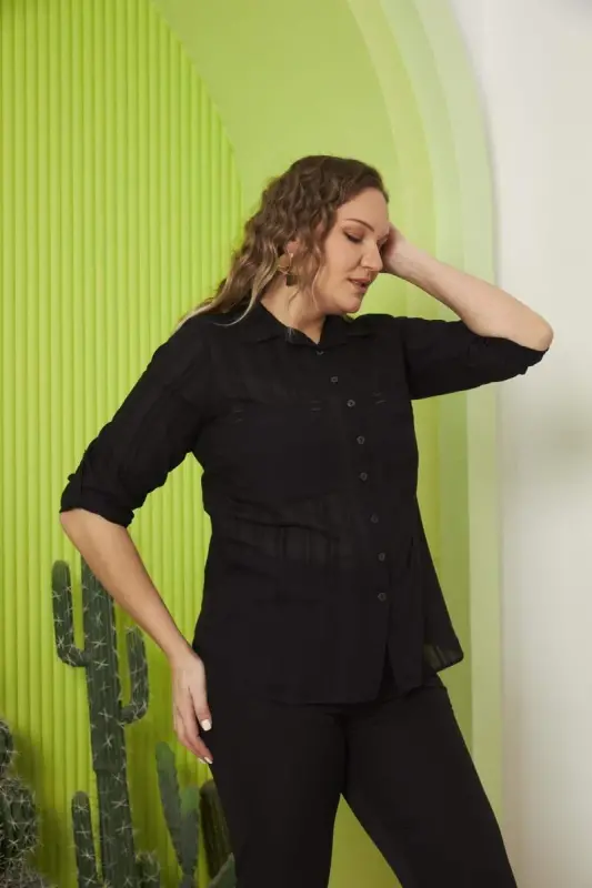 Pocket And Sleeve Detailed Plus Size Black Shirt - 4