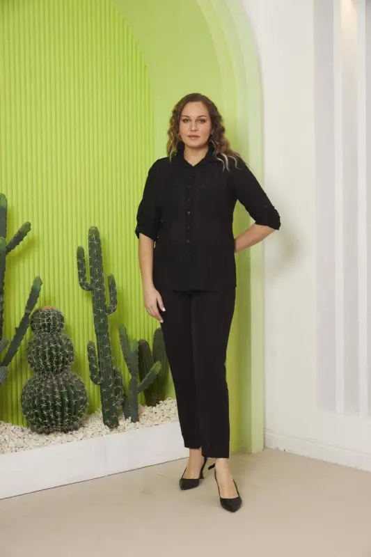 Pocket And Sleeve Detailed Plus Size Black Shirt - 6