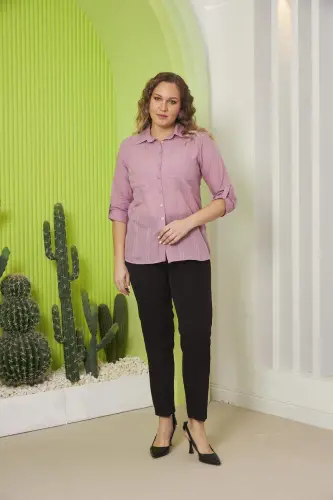 Pocket and Sleeve Detailed Plus Size Powder Shirt - 8