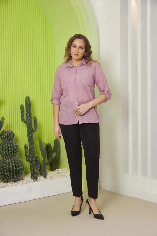 Pocket and Sleeve Detailed Plus Size Powder Shirt - 5