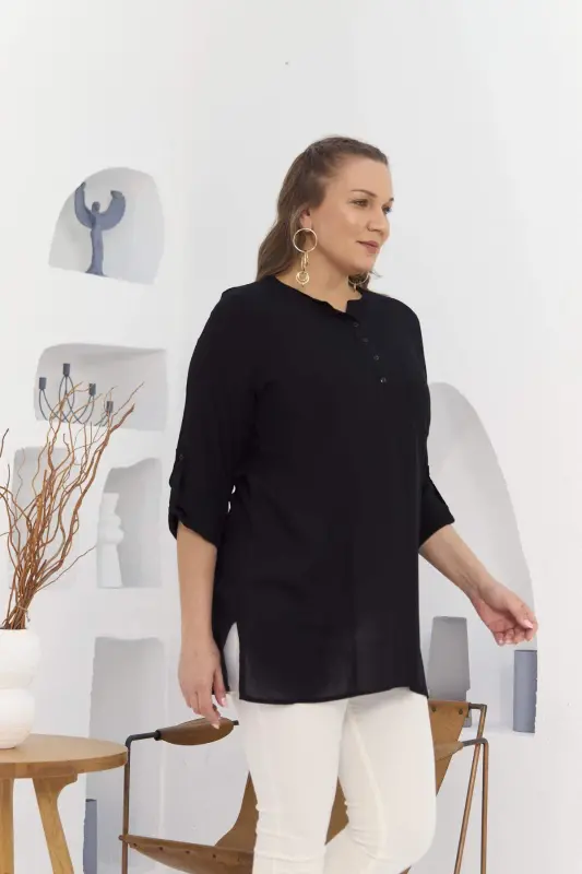 Pocket And Sleeve Detailed Voile Viscose Slit Plus Size Black Tunic - 6