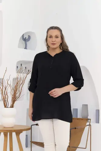 Pocket And Sleeve Detailed Voile Viscose Slit Plus Size Black Tunic - 1