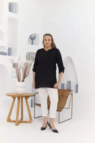 Pocket And Sleeve Detailed Voile Viscose Slit Plus Size Black Tunic - 5