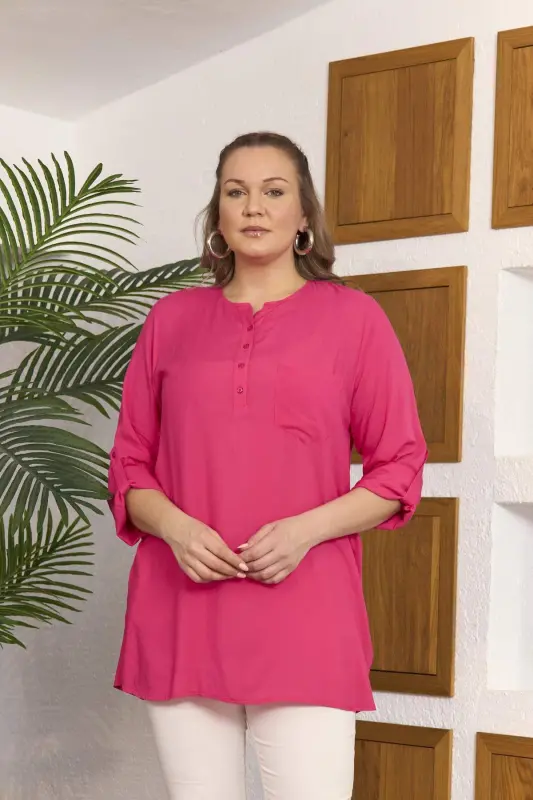 Pocket And Sleeve Detailed Voile Viscose Slit Plus Size Fuchsia Tunic - 1