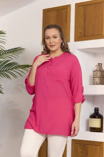 Pocket And Sleeve Detailed Voile Viscose Slit Plus Size Fuchsia Tunic - 3