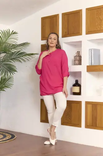 Pocket And Sleeve Detailed Voile Viscose Slit Plus Size Fuchsia Tunic - 5