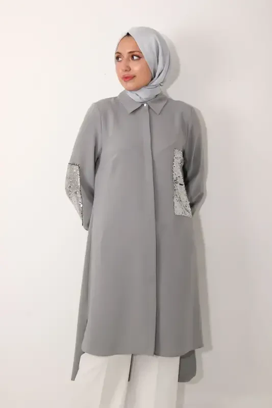 Pocket and Sleeve Sequined Long Tunic-Gray - TERZIHANEM