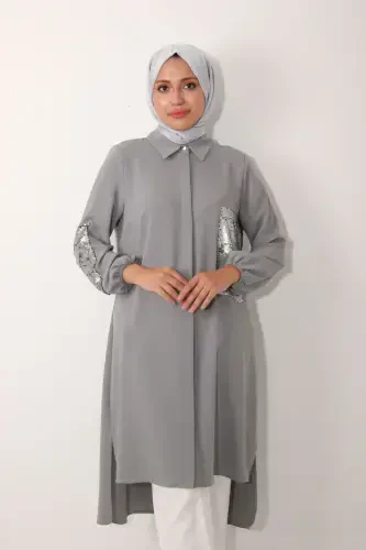 Pocket and Sleeve Sequined Long Tunic-Gray - 2