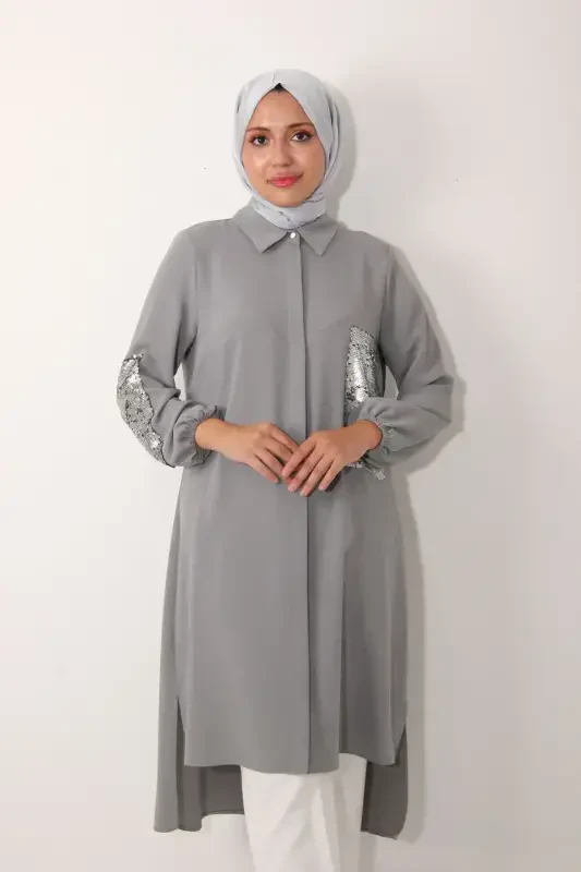 Pocket and Sleeve Sequined Long Tunic-Gray - 2