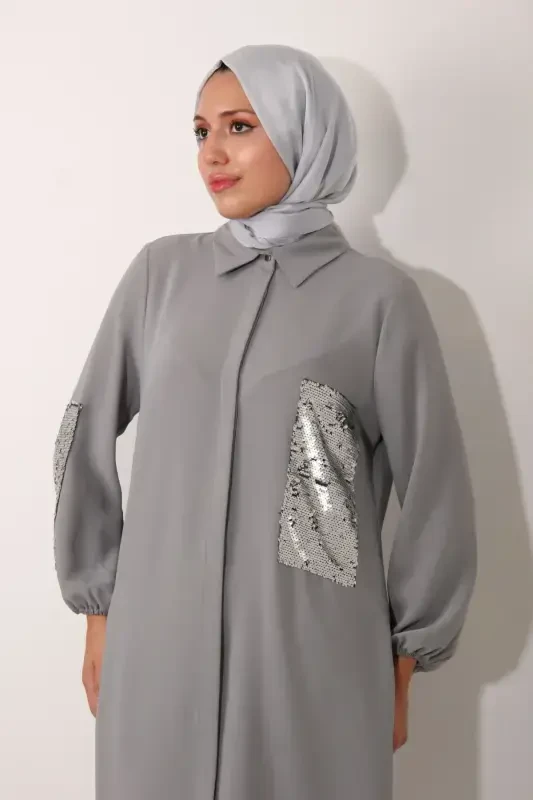 Pocket and Sleeve Sequined Long Tunic-Gray - 3