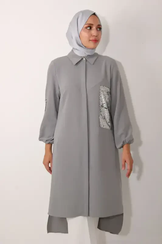 Pocket and Sleeve Sequined Long Tunic-Gray - 7