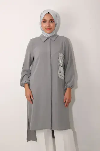 Pocket and Sleeve Sequined Long Tunic-Gray - 8