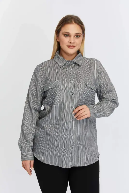 Pocket Asymmetric Pattern Plus Size Shirt Black - 12