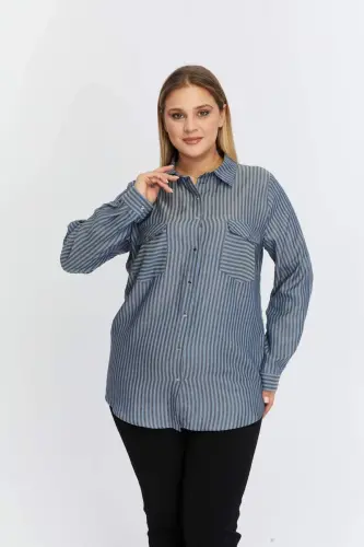 Pocket Asymmetric Pattern Plus Size Shirt Indigo - 1