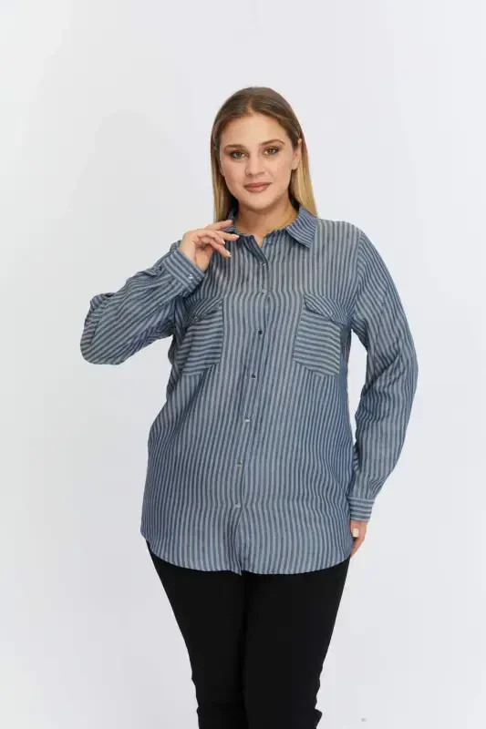 Pocket Asymmetric Pattern Plus Size Shirt Indigo - BÜYÜKBEDENIZ