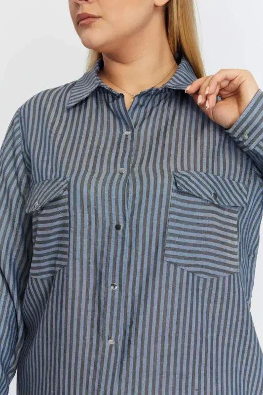 Pocket Asymmetric Pattern Plus Size Shirt Indigo - 2