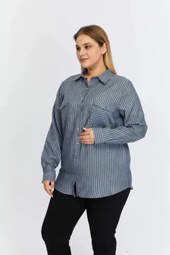 Pocket Asymmetric Pattern Plus Size Shirt Indigo - 3