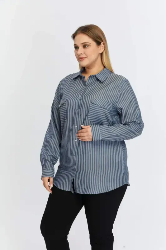 Pocket Asymmetric Pattern Plus Size Shirt Indigo - 3