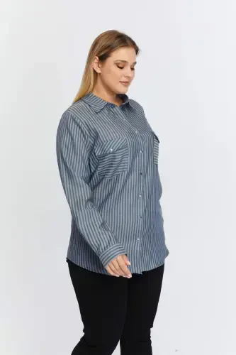 Pocket Asymmetric Pattern Plus Size Shirt Indigo - 8