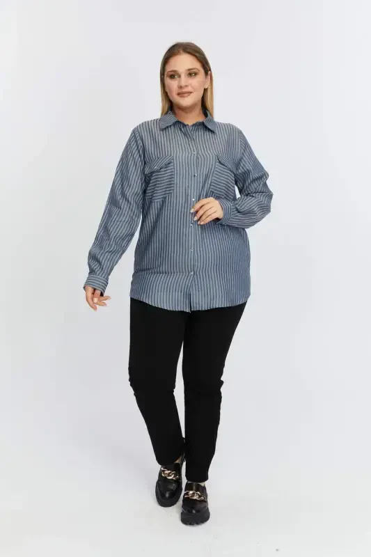 Pocket Asymmetric Pattern Plus Size Shirt Indigo - 9