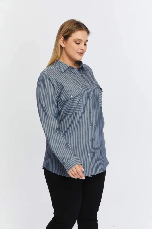 Pocket Asymmetric Pattern Plus Size Shirt Indigo - 4