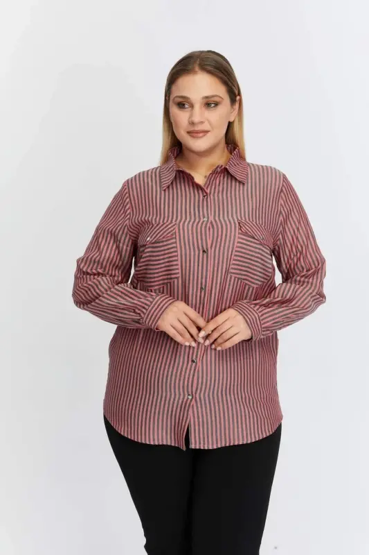 Pocket Asymmetric Pattern Plus Size Shirt Red - 1