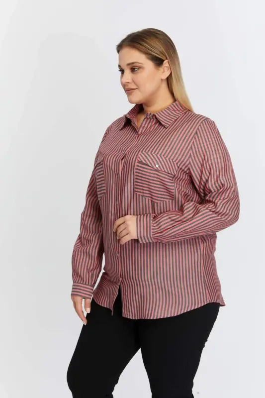 Pocket Asymmetric Pattern Plus Size Shirt Red - 9