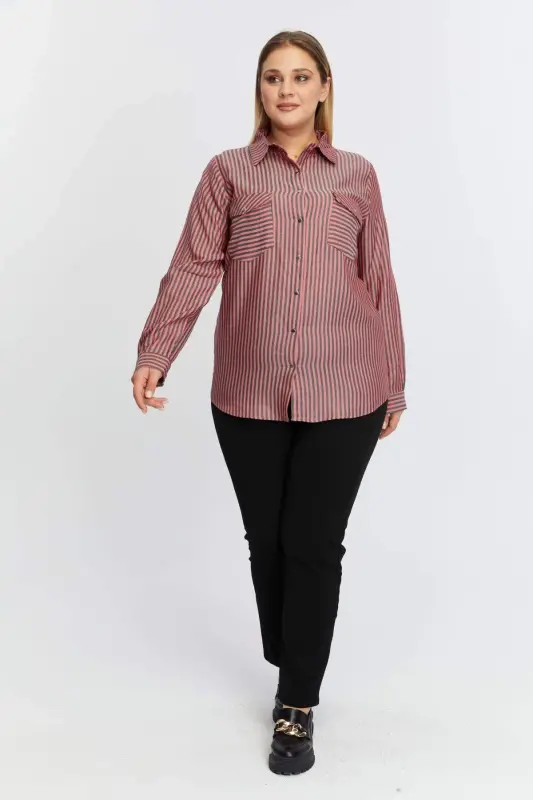 Pocket Asymmetric Pattern Plus Size Shirt Red - 5