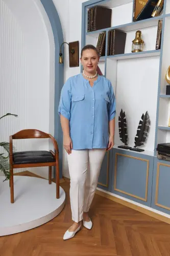 Pocket Cover Stone Detailed Plus Size Baby Blue Shirt - 10